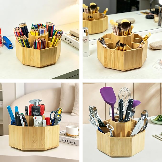 VaeFae 360° Rotating Bamboo Pen Holder Desk Art Supply Organizer | 9-12 Slots, Removable Divider, Octagonal Frame, Polished Surface, Space-Saving for Pens, Markers, Brushes & Beauty Supplies - Image 7