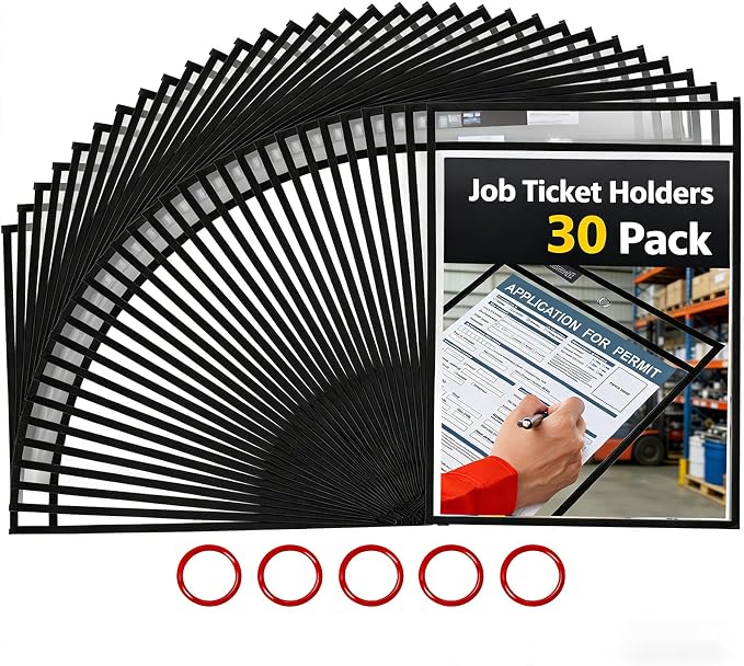 GAMENOTE 30 Pack Dry Erase Pockets, 10x14 Reusable Sleeves, Black | 30 reusable PVC pockets hold 8.5 x 11 and 9 x 12 sheets; double sided wipe clean surfaces, pen loops, eyelets, and 5 rings by Gamenote