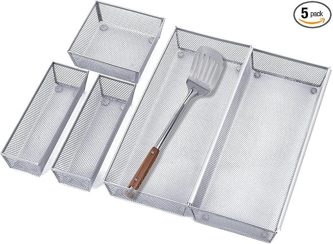 Neudeco Silverware Drawer Organizer, Pack 5, Silver | Utensil Organizer, For Large Utensils, Interlocking Arm, Cutlery Tray for Knives Fork Spoon by Neudeco