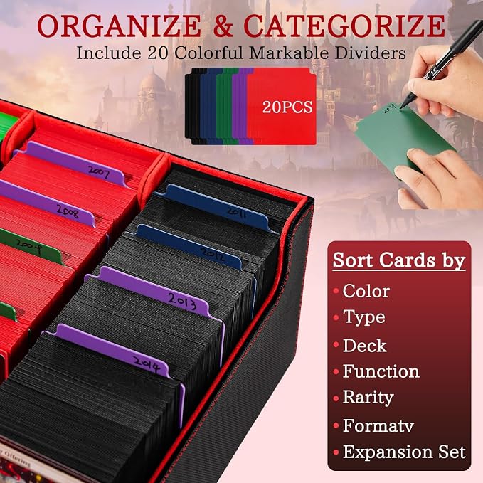 5 Row Trading Card Storage Box, 3800+Bulk Card Organizer Box with 20 Dividers & 5 Supporters, Graded Card Deck Box for YuGiOh, MTG, TCG Black/Red - Image 4