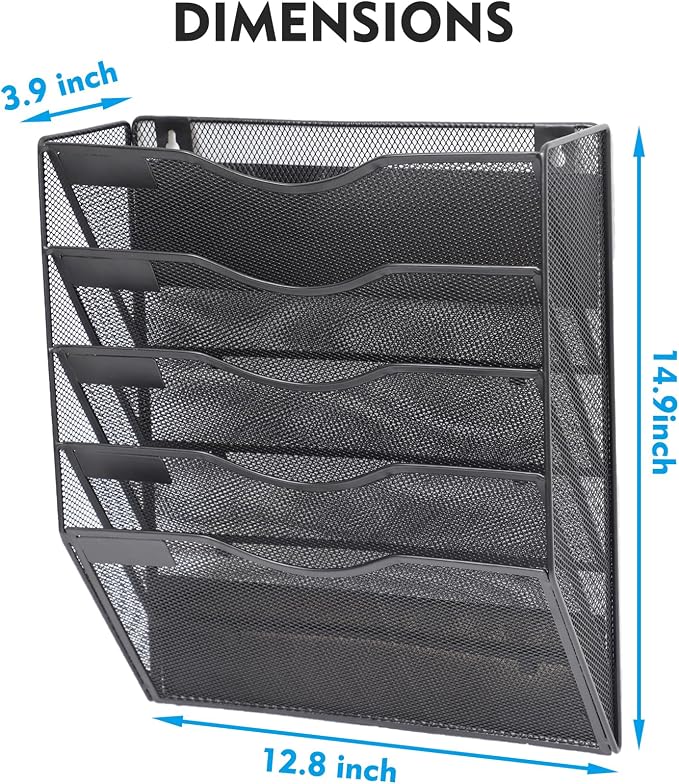 Magnetic 5 Pocket Mesh Hanging File Organizer, Wall Mounted Mail Paper Document Folder Holder, Clipboard Storage Organization Magazine Rack with Nametag Label for Office Home School, Black - Image 3