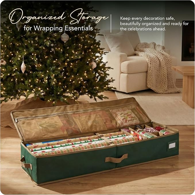 Covermates Keepsakes Gift Wrap Storage Organizer – Heavy-Duty Polyester with Buckle Straps & Interior Pockets – Holds Up to 15 Rolls of Gift Wrap with Handles & Label Window, Green - Image 2