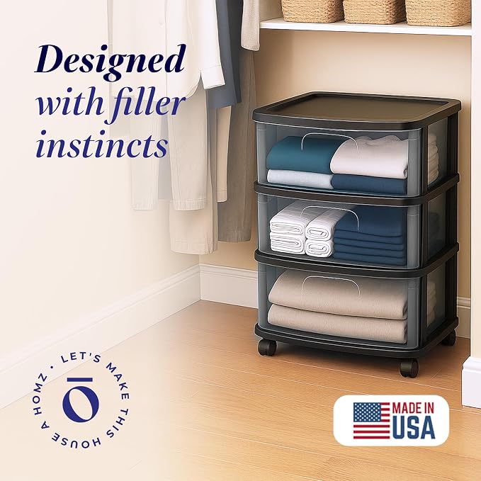 HOMZ Drawer Tower, 3-Tier Storage Cart with Removable Wheels, White Frame | Wide Plastic Organizer with Clear Bin Drawers for Bedroom, Bathroom, Home Office, and Dorm Rooms - Image 3