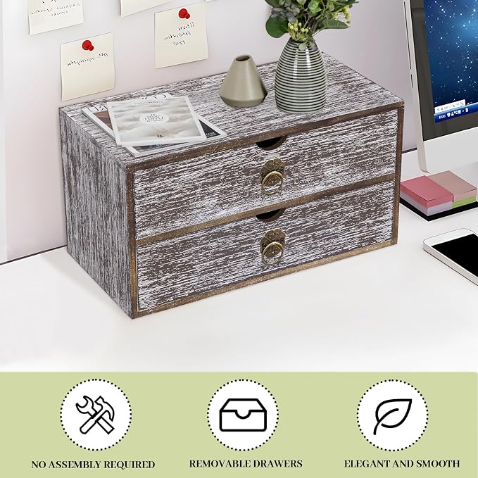 Wood Desk Organizer, Washed Brown Wooden Desktop Organizer with Drawer, Tabletop Storage Organization Box for Countertop, Home Office Supplies, Bills, 13.3 x 6.5 x 7 Inches(2 Drawer) - Image 7