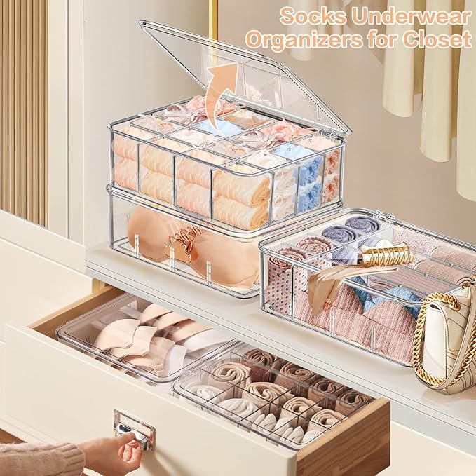 Sock Underwear Organizer, 16 Compartment Adjustable Dividers Tie Socks Underwear Drawer Organizers for Closet, Clear Plastic Storage Containers Box with Lids for Ties Scarf Socks Bras - Image 4
