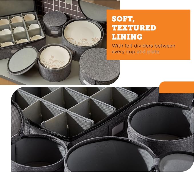 5-Piece Premium China Storage Set | Plates & Mugs | Gray | Full China Set For 12 - 4 Plate Cases + Mug Case, Flip-Top Lid. Hard Shell, Felt Dividers, Stackable, Easy Access. - Image 5