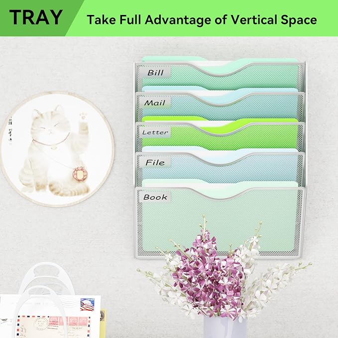 5 Pockets Hanging Wall File Organizer Mail Holder, Wall Mounted Paper Document Folder Holder, Clipboard Storage Organization Magazine Rack, Silver - Image 7