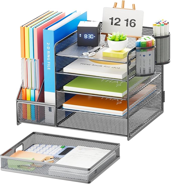 Marbrasse 5-Tier Paper Letter Tray Organizer with Drawer and Pen Holder, Mesh Desktop Organizer and Storage with Magazine Holder for Office Supplies (Grey) - Image 2