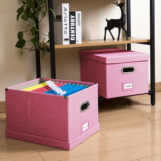 File Organizer Box - Set of 4 Collapsible Decorative Linen Filing Storage Hanging File Folders with Lids Office Cabinet Letter/Legal Size Pink 17.1x14x11.1 inch - Image 3