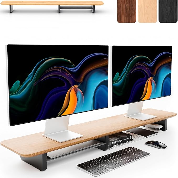 KIVY Dual Monitor Riser With Integrated Metal Shelf [MADE BY HAND] - Wooden Desk Shelf for 2 Monitors - Wide Long Stand for Desk (44 x10x3in - Oak) by KIVY