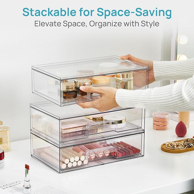 Vtopmart Clear Stackable Storage Drawers, 4 Pack Wide Plastic Organizers | Clear Pull-Out Plastic Drawers, Stackable Design for Makeup Palettes, Cosmetics, Beauty Supplies, Vanity, Cabinet and Desk - Image 6