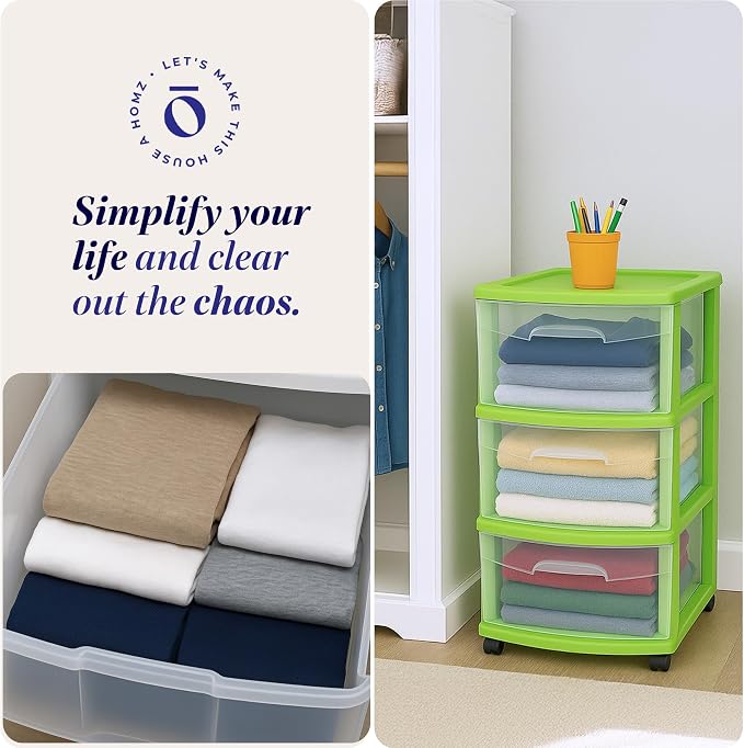 HOMZ Drawer Tower, 3-Tier Clear Plastic Storage Organizer Cart, Bold Lime Frame - Rolling Drawer Containers with Wheels for Bathroom, Bedroom, Office, and Classroom Organization - Image 6