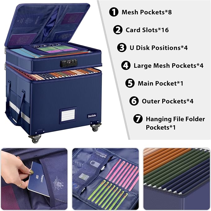 DocSafe File Box with Lock, 2-Layer Fireproof Document Box with Wheels,Collapsible File Storage Organizer with Pockets,Large Portable Office Filing Cabinet Hanging Folders,Blue,16''x13.8''x12.2'' - Image 2