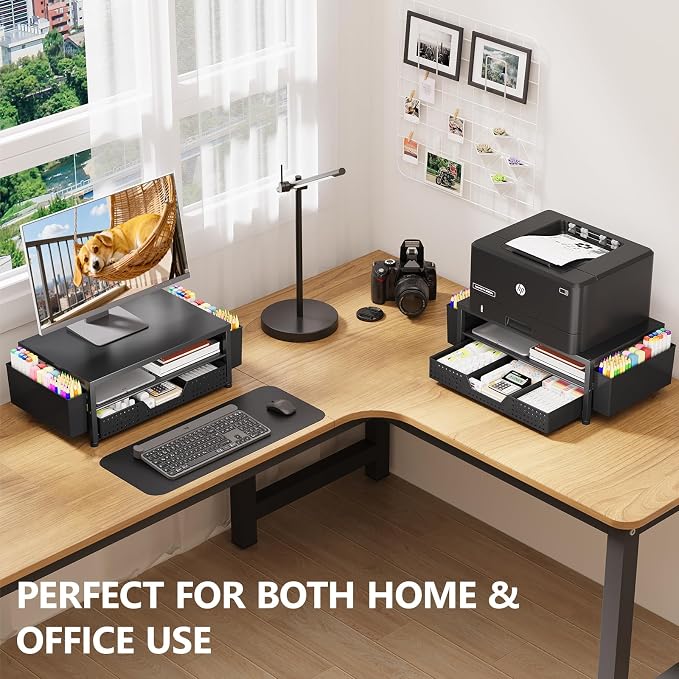 Desk Organizers and Accessories, Computer Monitor Stand Riser with Drawer and 2 Pen Holders, Printer & Laptop Stand, Office Desk Accessories & Workspace Organizers for Home Office Supplies, Black - Image 5