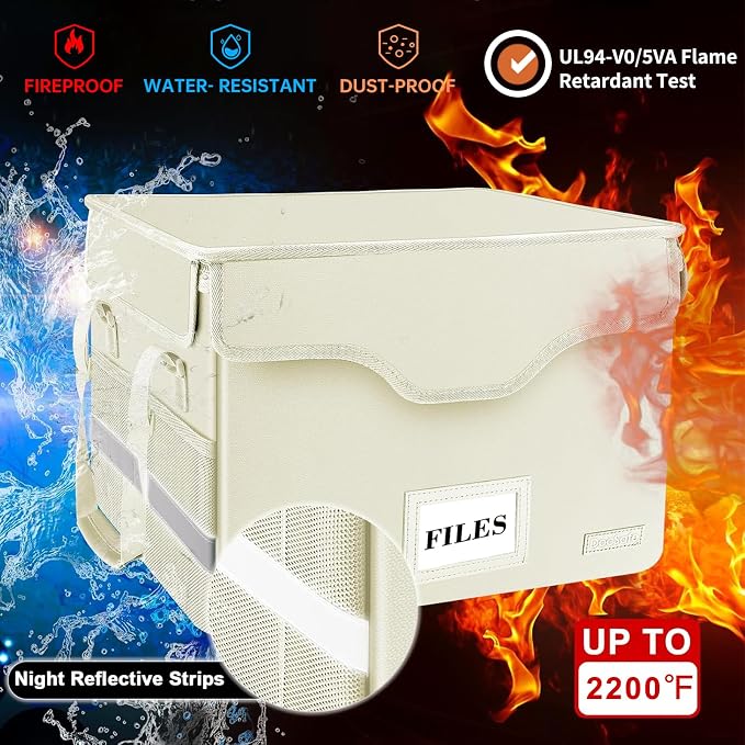 DocSafe Fireproof Document Box with Lock,File Storage Organizer with Zipper Pockets,Collapsible Portable File Box Home Office Safe Filing Cabinet with Handle for Hanging Letter/Legal Folders,Beige - Image 3