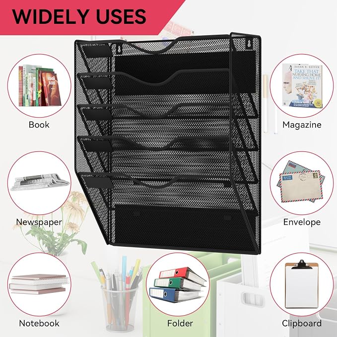 5-Tier Magnetic File Holder, No Drilling Wall File Organizer, File Folder Bins, Mail & Magazine Rack, Magnetic Paper Document Holder for Refrigerator File Cabinets Whiteboard, Black - Image 6