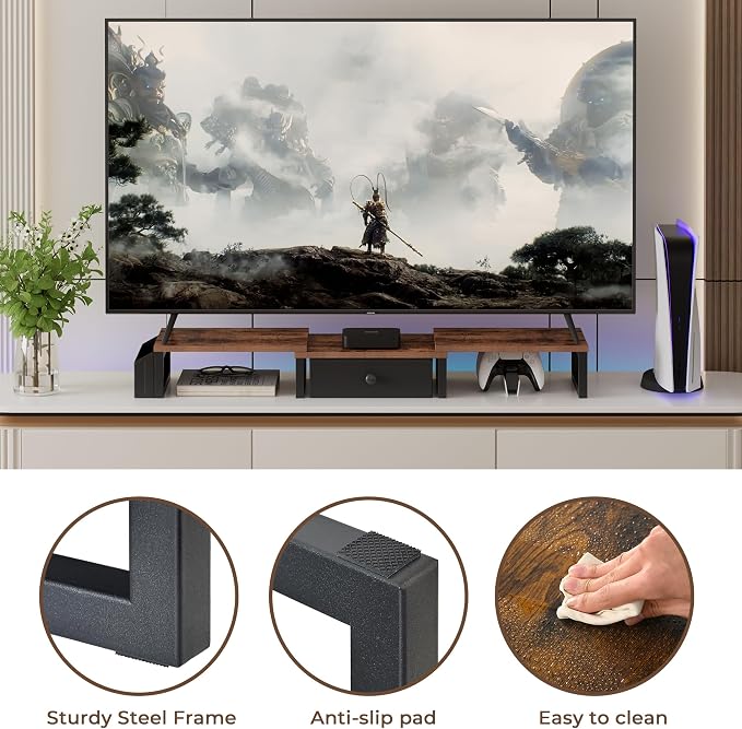 LAND·VOI Heavy Duty Dual Monitor Stand, Holds 2 Screens Up to 27 Inches, Adjustable Length and Angle Monitor Riser, Desk Organizer with Side Pockets and Drawers, Home Office Desk Storage, Rustic Brown - Image 9