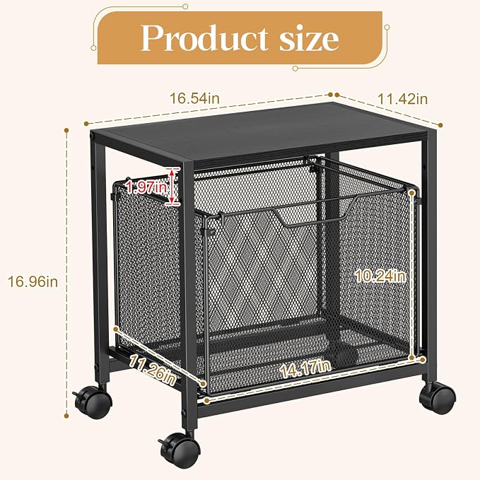 JKsmart Under Desk Storage, Printer Stand with Drawer, Rolling File Cabinet with Adjustable Table Top, 2 Tier Industrial Shelf on Fixed Feet Wheels, Sofa Side Table Organizer for Home, Office, Black - Image 3