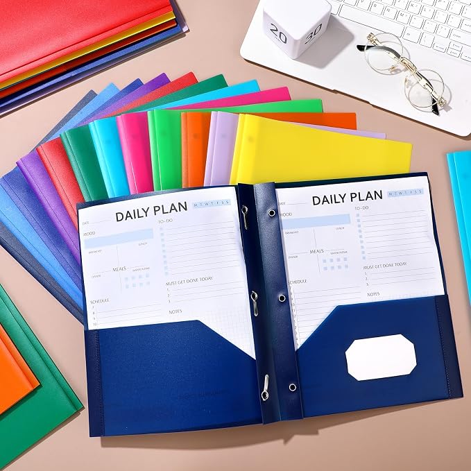 Cholemy 72 Packs Pocket Folders with Prongs Heavy Duty Plastic Folder with Business Card Slot 3 Prong Fasteners for School Office (Bright) - Image 7