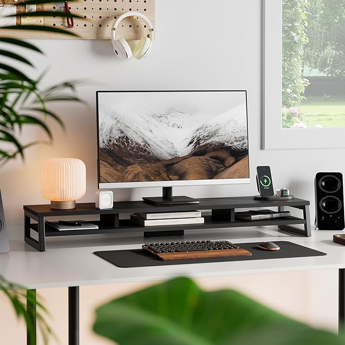 Fenge Dual Monitor Riser for Desk, Open Shelf with 3 Storage Compartments | 42.5in Computer Monitor Stand, 2-Tier Desk Shelf for Top of Desk,One-Piece Panel, fit Ultrawide Monitor, PC, Laptop, Black - Image 2