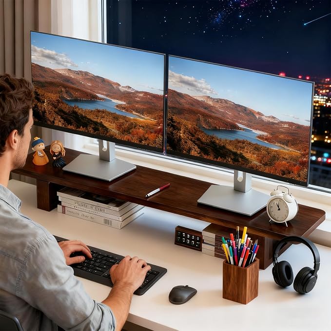Dual Monitor Stand Riser, 47Inch Solid Wood Desktop Organizer with Non-Slip Pads, Holder for 2 Monitors, Laptops, TV, PC, Printer, Walnut Finish - Image 7