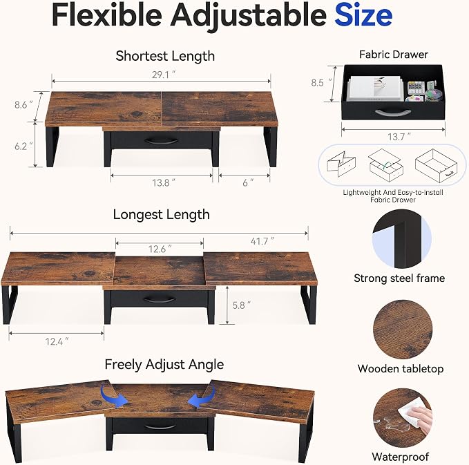 Desk Organizers and Accessories, Dual Monitor Stand Riser with Drawer, Computer Monitor Stand, Adjustable Desk Shelf for PC Laptop Printer TV, Brown - Image 2