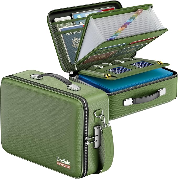 DocSafe Fireproof Document Box with Lock＆Shoulder Strap,Hard Case File Organizer with Accordion File Folder,Multi-Layer Portable Home Office Travel Safe Storage for Important Documents Laptop Green by DocSafe