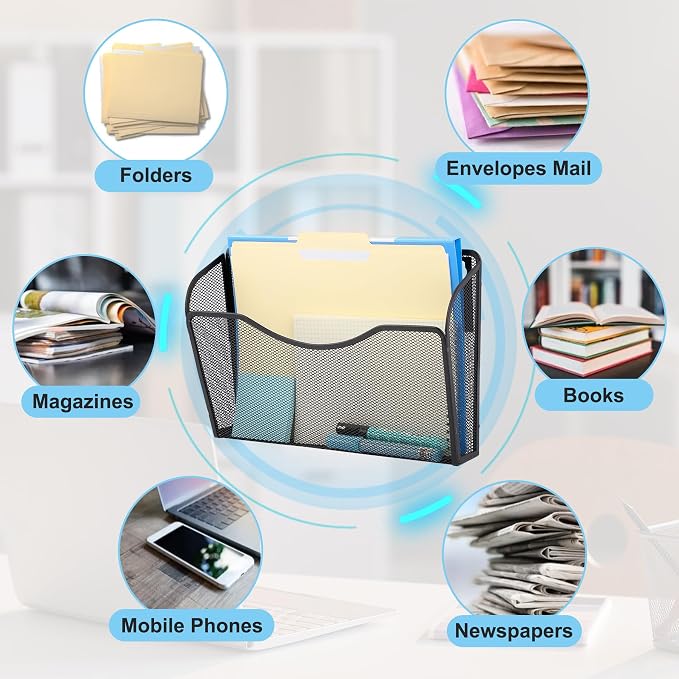 Magnetic 3 Single Pocket Mesh Hanging File Organizer, Vertical Wall Mounted Magazine File Holder, Mount Basket Mail Paper Document Folder Organizing for Office, Home and School, Black - Image 3