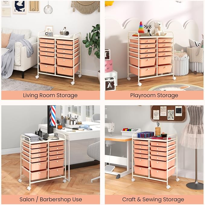 Moccha 12-Drawer Rolling Storage Cart - Utility Cart on Wheels with Lockable Casters for Craft Art Supply Paper Salon, Mobile Drawer Carts for Classroom Teacher School Office (Peach) - Image 7