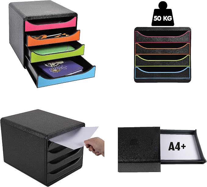 Exacompta - Ref 310703D - BIG-BOX Desktop Drawer Set - 4 x 55mm Drawers, Suitable for A4+ Documents, 347 x 278 x 267mm, 100% Recycled Plastic - Black/Royal Blue - Image 4