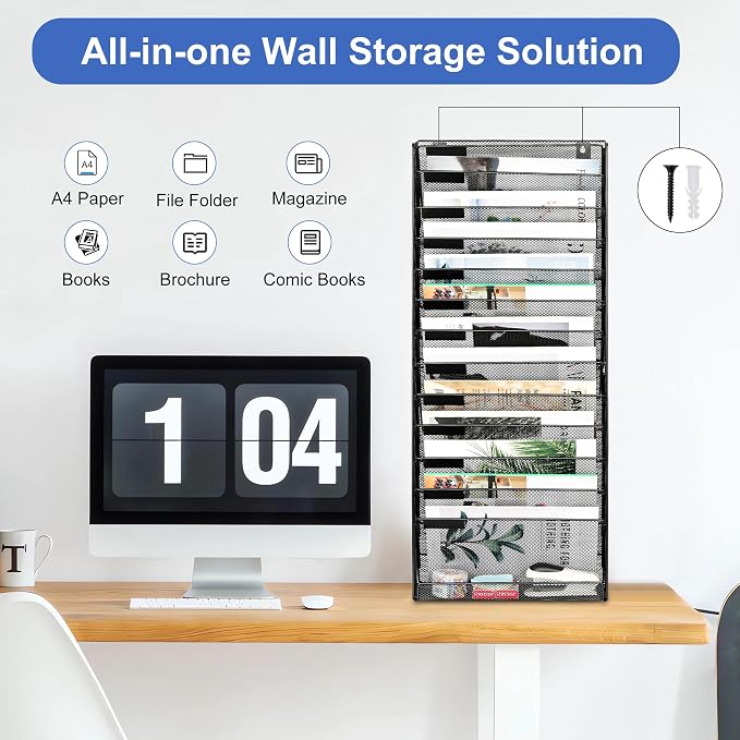 EasyPAG Wall File Holder 14 Tier Mesh Hanging Folder Organizer with Flat Tray Wall Mounted Mail Organizer Magazine Paper Desk Shelf with Nametag Label for Office Home School, Black - Image 4