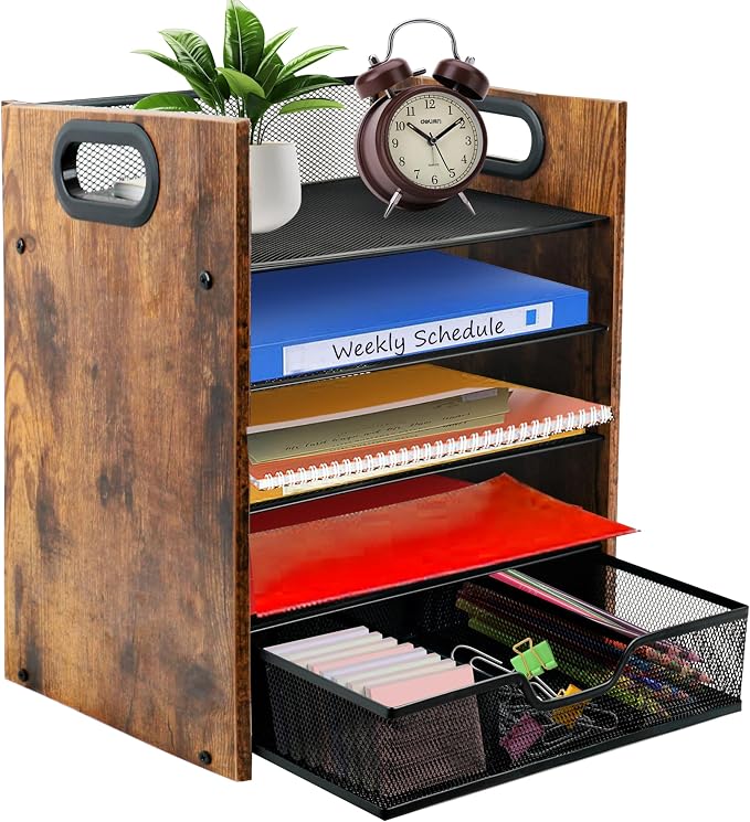 Desk Organizer, 5-Tier Desktop File Organizer with Drawer, Wooden Paper Tray Organizer, Office Desk Organzier and Accessories for Papers, Mail, Notebooks, Stationery by BOERSHUN
