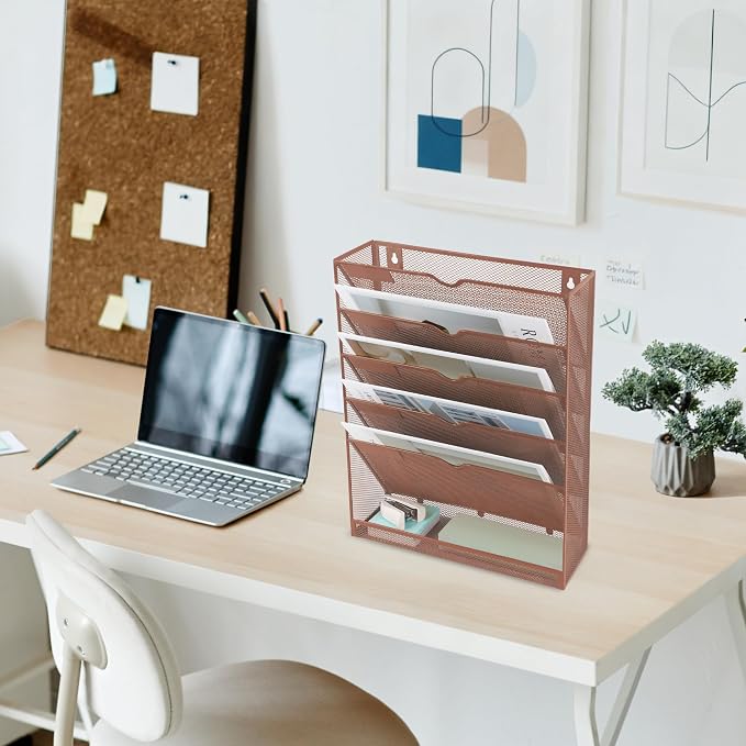 6 Tier Mesh Hanging Wall File Organizer, Desk Vertical Mail Paper Document Folder Holder Rack with Bottom Tray and Nametag Label for Office Home School, Brown - Image 7