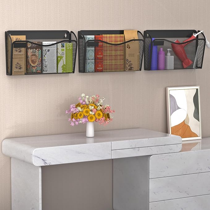 BOHDK Wall File Organizer, 3 Single Pockets Mesh Hanging File Organizer, Mount Document Magazine Rack with Labels, Hanging File Folders for Office, Home and School, Black - Image 5