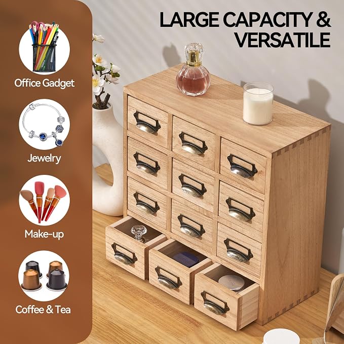 KIRIGEN Wooden Storage Cabinet, 12-Drawer Desktop Organizer Natural 12CG-NA | 12 Mini Drawers with Metal Label Holder Pulls for Cards, Crafts, Tea Bags, Jewelry, Office Supplies, and Small Parts - Image 7