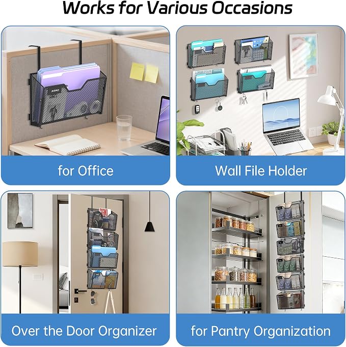 Wall File Organizer, 6 Pack Metal Wall File Holders, Black | Wall organizer with mesh pockets, label panels and hook or screw mounting for A4 and letter files at home, office or school - Image 7