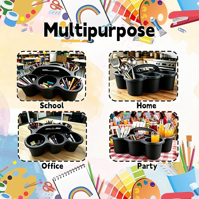 6 Pack Classroom Caddy Organizer with Handle Black Plastic Table Caddy 6 Compartments Storage Cup Holder for School Supplies Art Crafts Crayons Pencils Stackable Desk Caddy for Office Home - Image 7