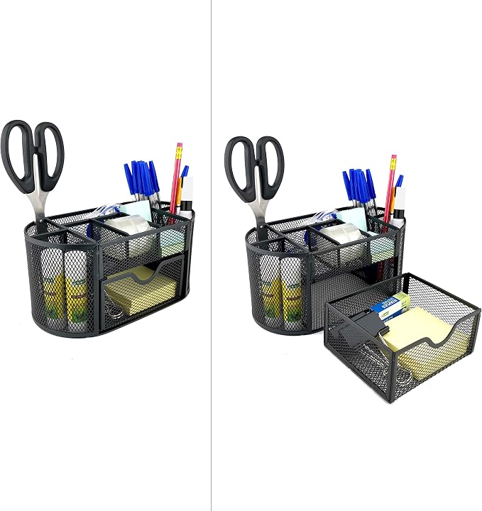 D.RECT Desk Organizer | Metal Pencil Holder | Mesh Desk Shelf with Note Holder | Perfect for School, Office, Home | 350 x 297 x 275 mm | Black - Image 4