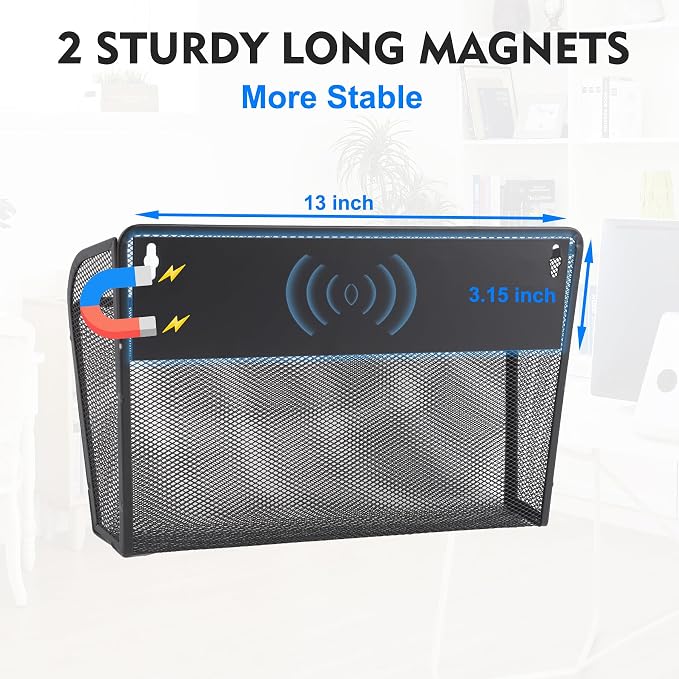 Magnetic 3 Single Pocket Mesh Hanging File Organizer, Vertical Wall Mounted Magazine File Holder, Mount Basket Mail Paper Document Folder Organizing for Office, Home and School, Black - Image 2