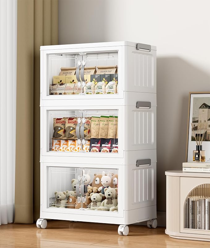Hanyi 105 QT Stackable Storage Bins with Lids, 3 Tier Collapsible Plastic Storage Cabinet with Magnetic Doors, Removable Top Lid, Locking Wheels, Closet Organizer for Bedroom, Pantry, Office by Unknown