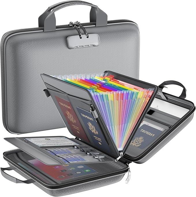 Tamfile Fireproof File Organizer with Lock,Hard Case Fireproof Document Box | 13 Colour Pockets Accordion File Folder, Office Home Important Document Organizer for Letter A4 Files Laptop Passports,Grey by Tamfile
