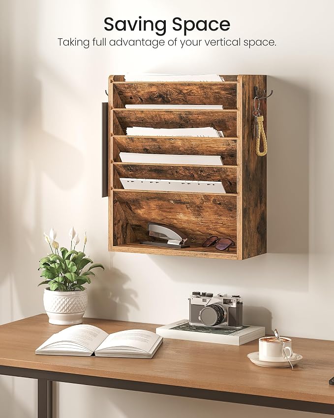 Wall File Organizer, 6-Tier Vertical Mount Hanging Holder with 2 Side Hooks, Vintage Wooden Magazine Storage Crate with Bottom Flat Tray, Desk Organizer, for Office, Home, Rustic Brown MWJ01FG - Image 4