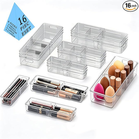 BLULEE 4-in-1 Expandable Drawer Organizer Set, Adjustable Clear Bins | with Dividers for Kitchen, Bathroom, Vanity & Office, Scalable Trays for Cosmetics, Utensils & Desk Accessories (16 Pcs) by BLULEE