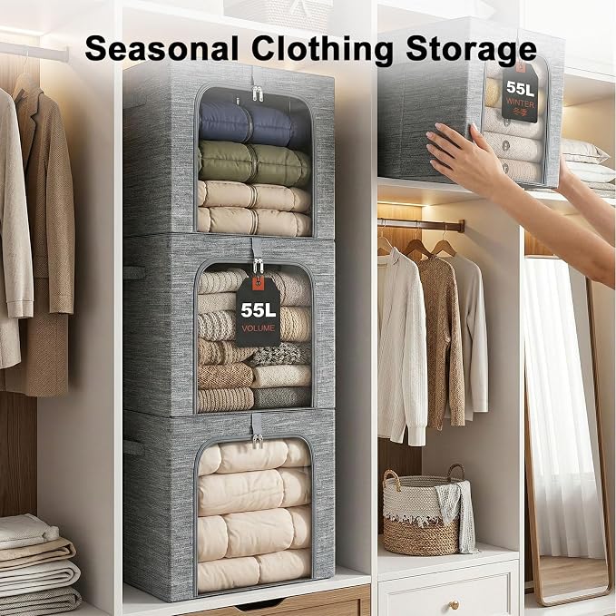 GoMaihe Blanket Storage Bins with Metal Frame for Closet, 55L 4-Pack Grey | Clothing Comforters Bedding Winter Coat, Closet Top Shelf, Collapse-Proof Stackable, Clear Window, Dual Access Space Saving - Image 5