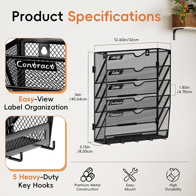 6-Tier Wall File Organizer with Hook, Hanging File Organizer Black | Wall-mounted mail storage holds papers, folders, files, clipboards and magazines, assembly required for office or home use. - Image 2