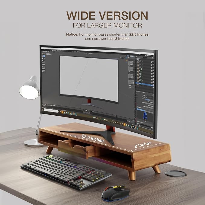 Tinamo Acacia Monitor Stand with Drawer, Multi-Purpose Storage (Patented) | Acacia Wood, Fits Monitors up to 32", Built-in Drawer, Hidden Storage, Non-slip, Round Edge, Ergonomic Height, Easy Assembly - Image 3