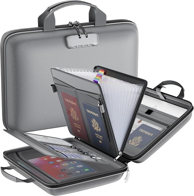 Tamfile Fireproof File Organizer with Lock,Hard Case Fireproof Document Box | 13 Transparent Pockets Accordion File Folder, Office Important Document Organizer for Letter A4 Files Laptop Passports, Grey by Tamfile