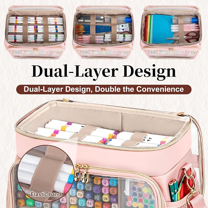 Large Double-Layer Marker Organizer Case for 200-300 Markers, Pink | Marker Bag with Removable Dividers, Marker Organizer for Markers, Pencils, Crayons or Other Art Supplies, (Bag Only) - Image 4