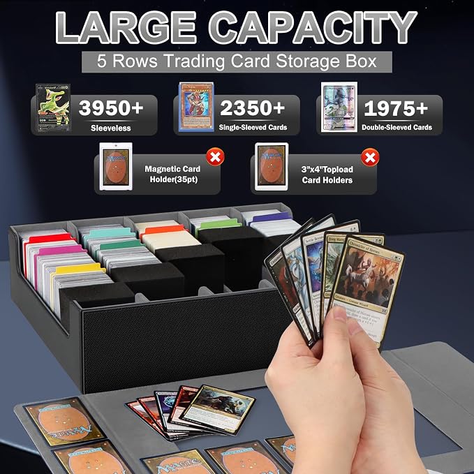 AOBOPLE 3900+ Trading Card Storage Box, Clear Lid and Magnetic Closure | 5-Row Card Box,PU leather,48 Dividers + 5 Foam Supports,Card Organizer For MTG TCG Sports, Gift For Collectors - Image 2