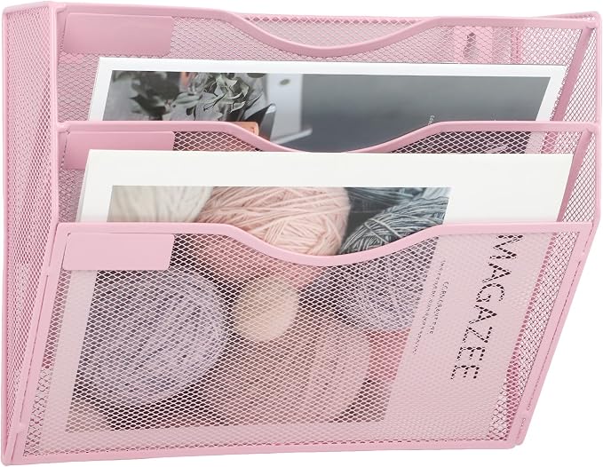 3 Pocket Mesh Hanging Wall File Organizer, Wall Mounted Mail Paper Document Folder Holder, Clipboard Storage Organization Magazine Rack with Nametag Label for Office Home School, Pink - Image 6